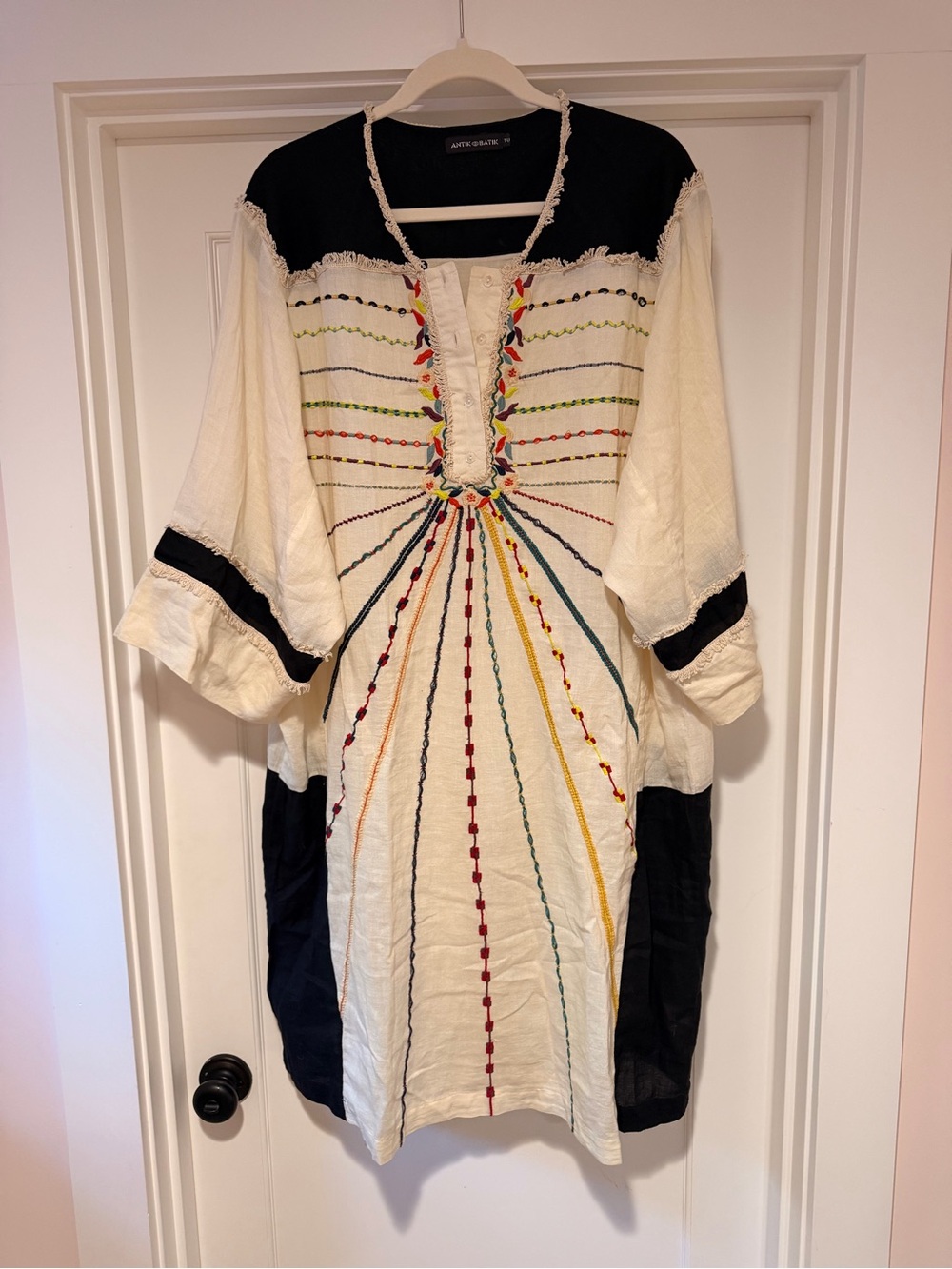 Antik Batik Cream Mel Kaftan Dress with Multicolor Embroidery and Black Panels